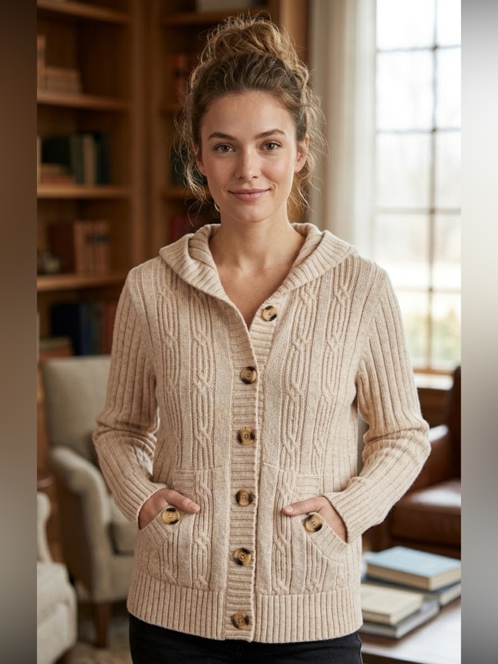 Y2K Digital Cream Cable Knit Hooded Button Cardigan Sweater Women’s Large